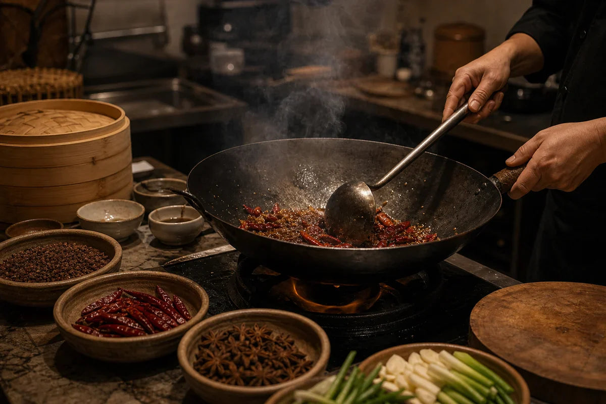 Sichuan cuisine being prepared in a working Chengdu kitchen with chillies and Sichuan peppercorns
