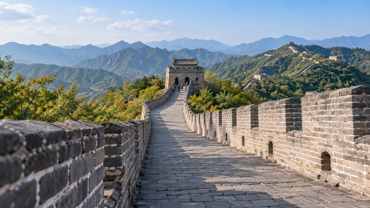 AI-generated editorial illustration of a Great Wall walkway and watchtower above green mountain ridges.