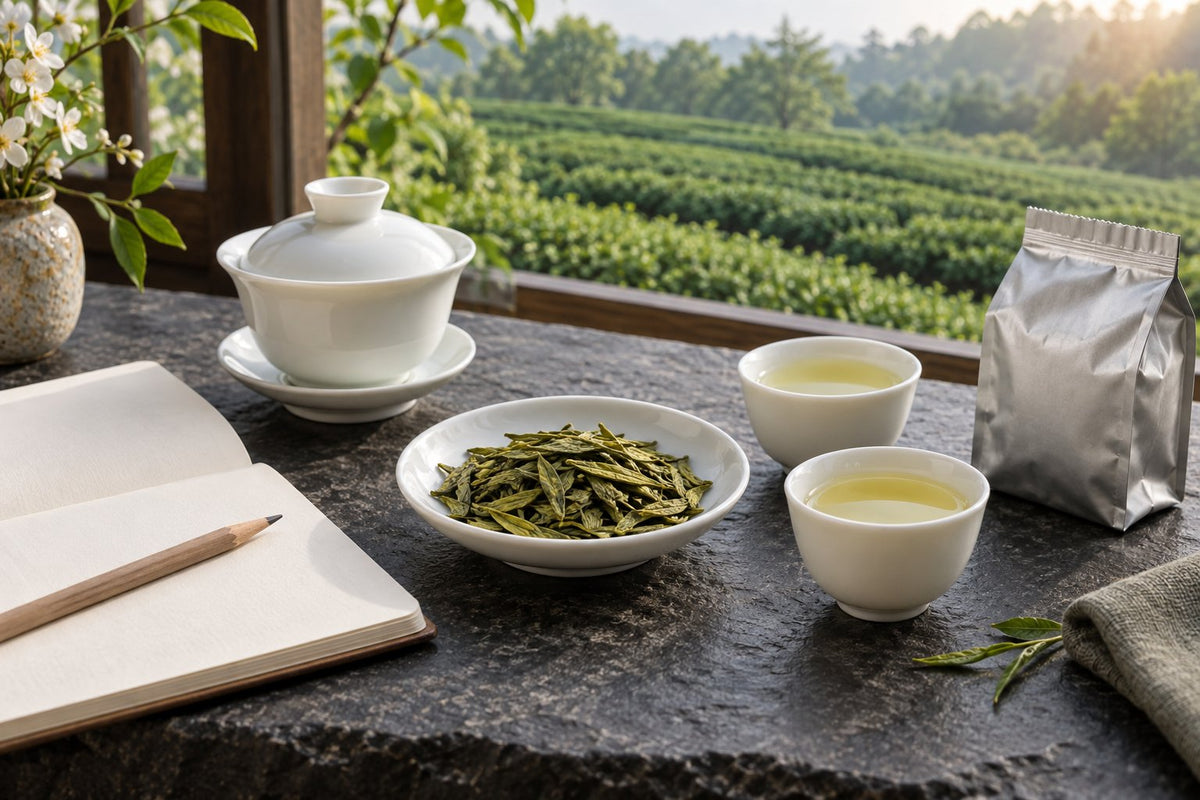AI-generated editorial illustration of Longjing tea leaves and packaging being compared in Hangzhou.