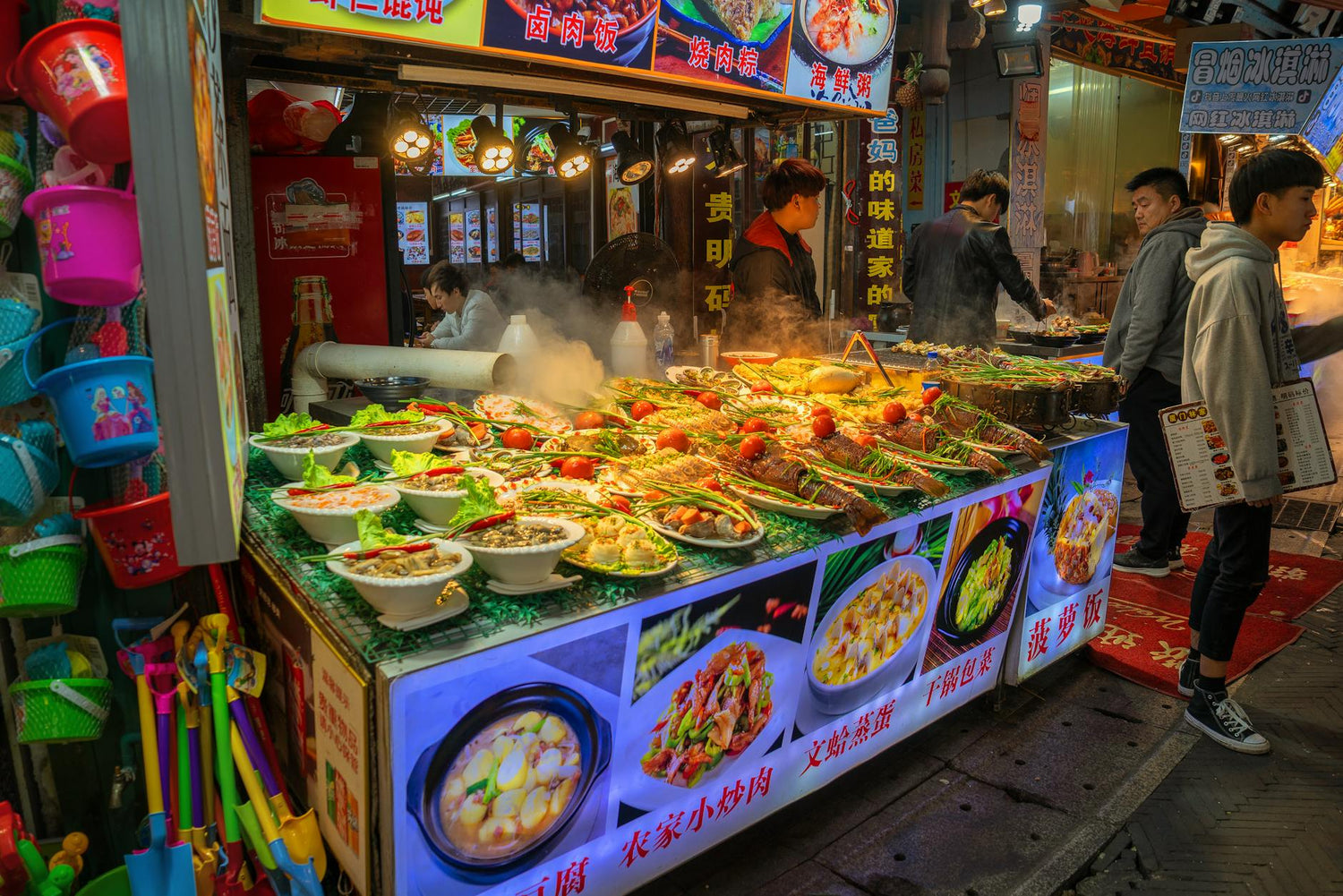 Colorful Chinese food market with regional specialties