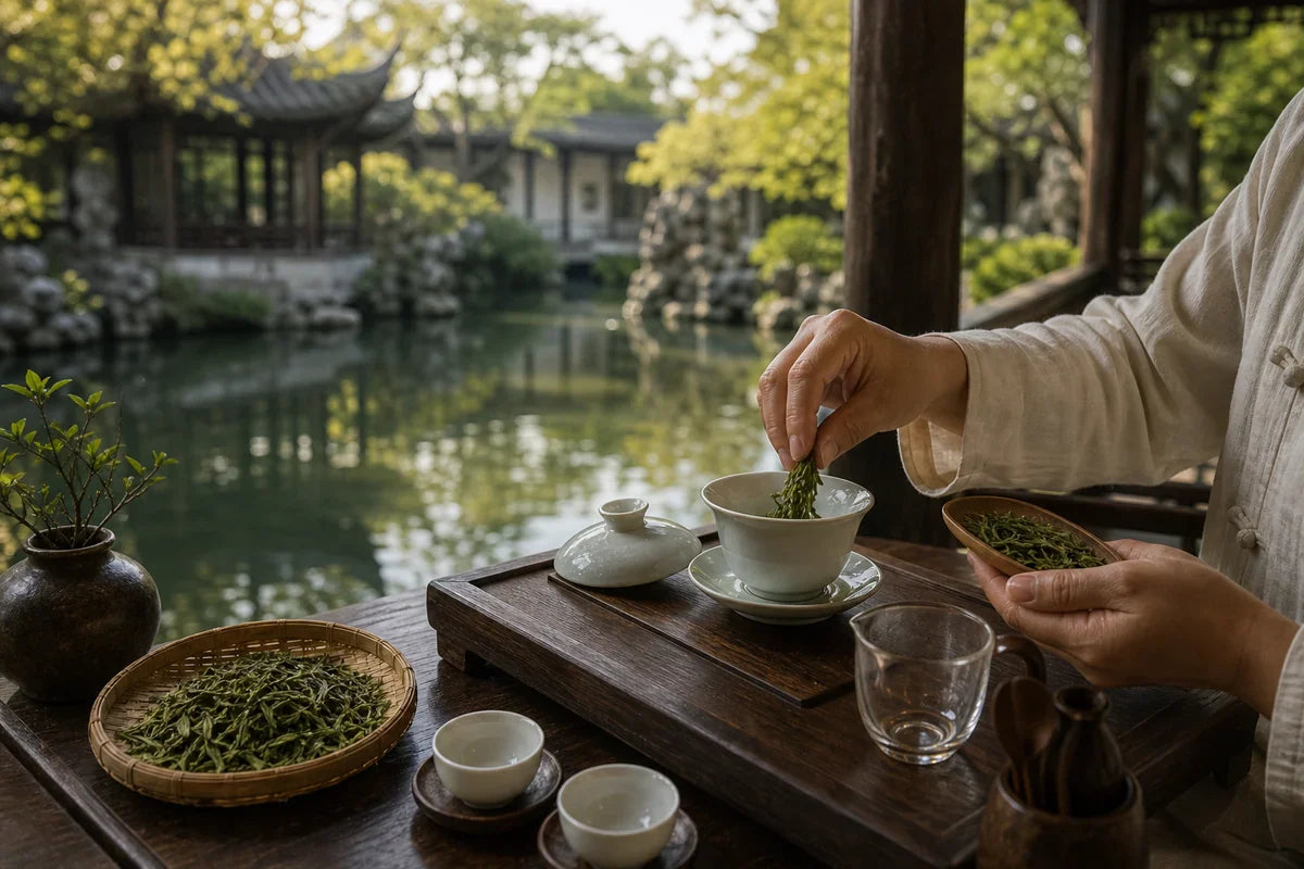A classical Jiangnan garden pavilion beside a still pond with a tea setting