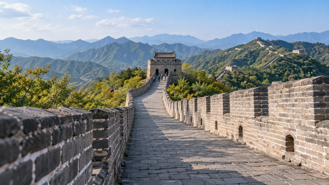 AI-generated editorial illustration of a Great Wall walkway and watchtower above green mountain ridges.