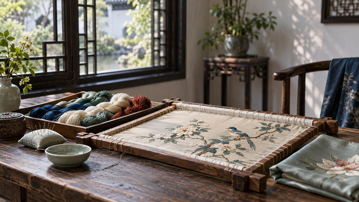 AI-generated editorial illustration of a silk embroidery workbench with coloured threads and a Suzhou-style lattice window.