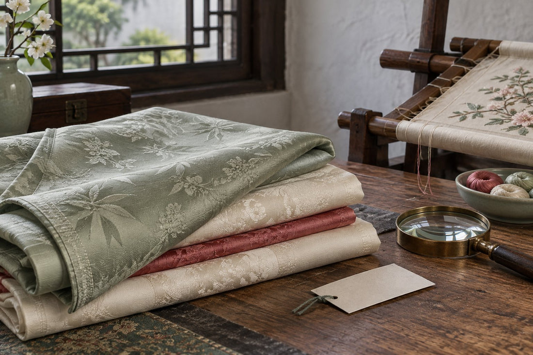 AI-generated editorial illustration of silk fabric inspection beside an embroidery frame in Suzhou.