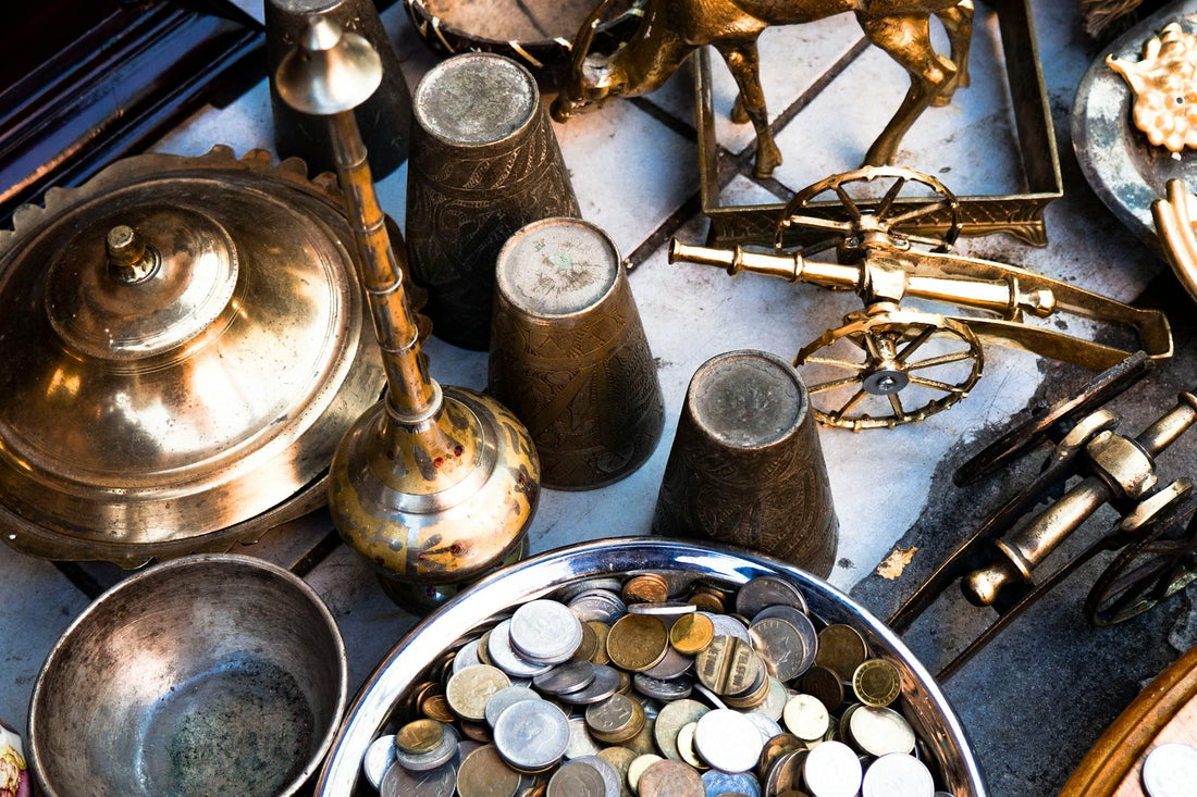 Antique market stalls in China with ceramics and collectibles
