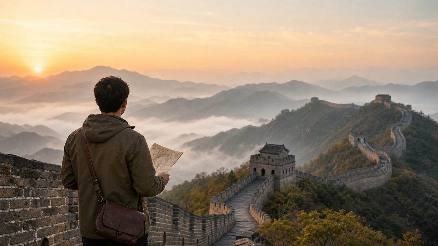 A traveller on the Great Wall at sunrise